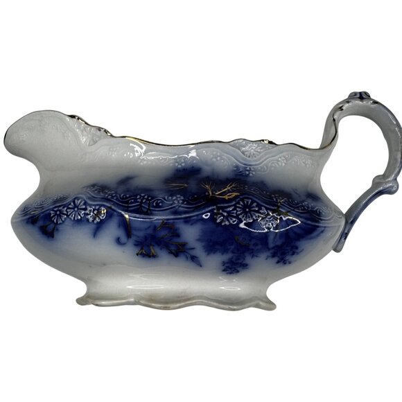 Antique Alfred Meakin Harvest Flow Blue Gravy Boat Porcelain w Underplate Relish - Picture 7 of 14